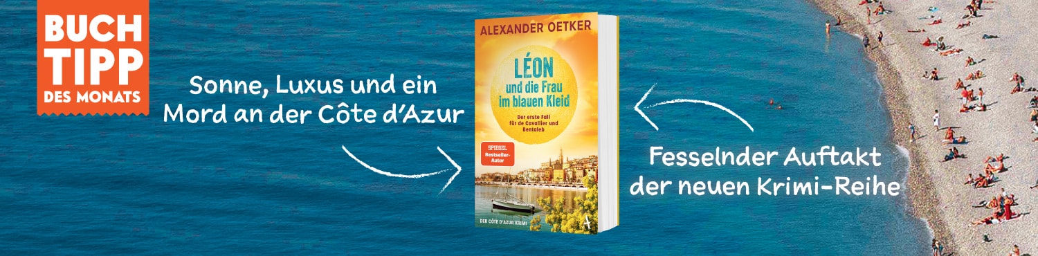Zu sehen ist im Hintergrund blaues Meer, ein Strand mit vielen Menschen. Beworben wird ein Buch, der Buchtipp des Monats Juni